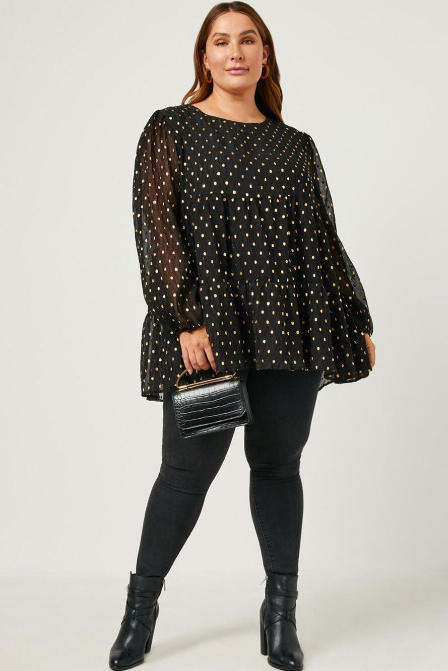 HAYDEN Goldie Black Babydoll Metallic Dot Tiered Tunic Top Plus 1XL